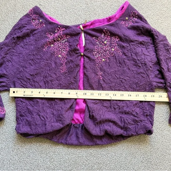 Free People Cardigan Crinkly Purple Pink Wool Silk Beaded Fairy Shrug | Sz L - Picture 13 of 16